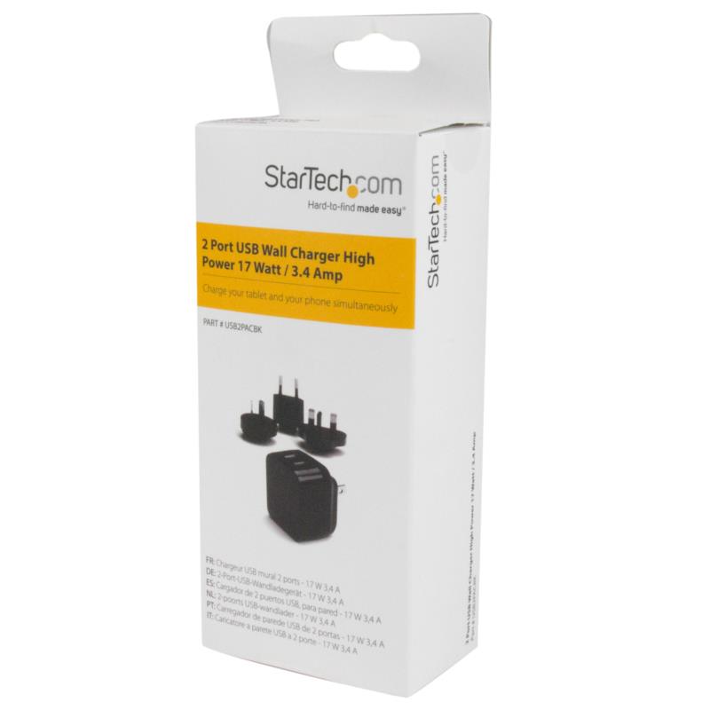 Startech.com Cargador de Pared USB de 2 Puertos para Tablets Smartphones de Alta Potencia USB2PACBK