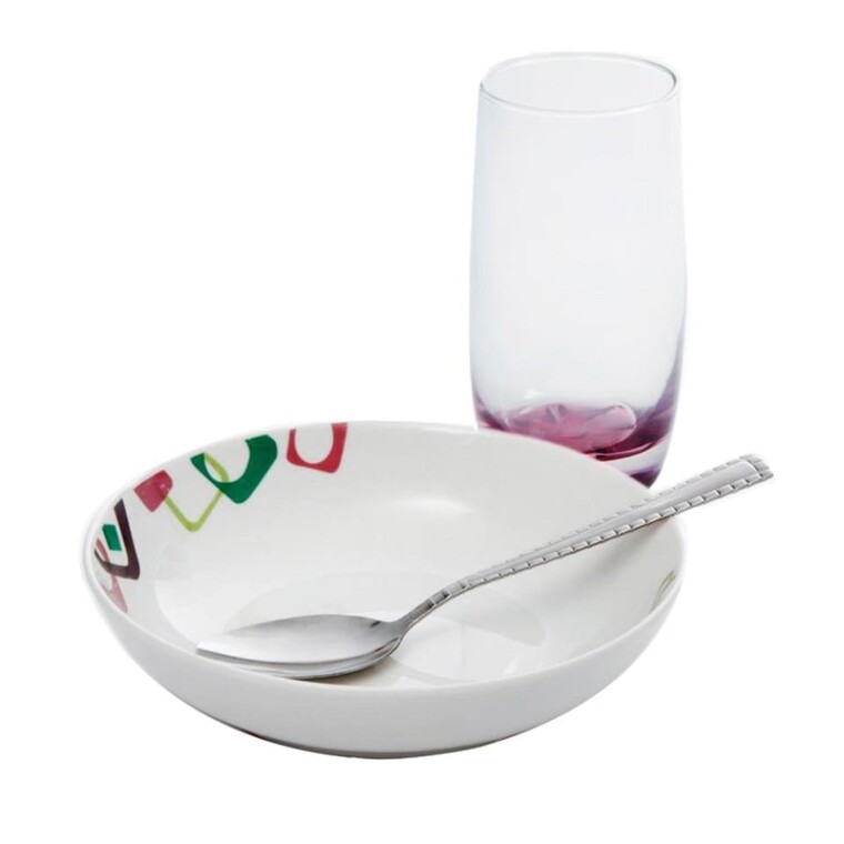 VAJILLA  PORCELANA 12 PZS, 4 PLATOS SOPEROS 4 VASOS DE CRISTAL 10 Oz 4 CUCHARAS SOPERAS GIBSON    PINAMARA