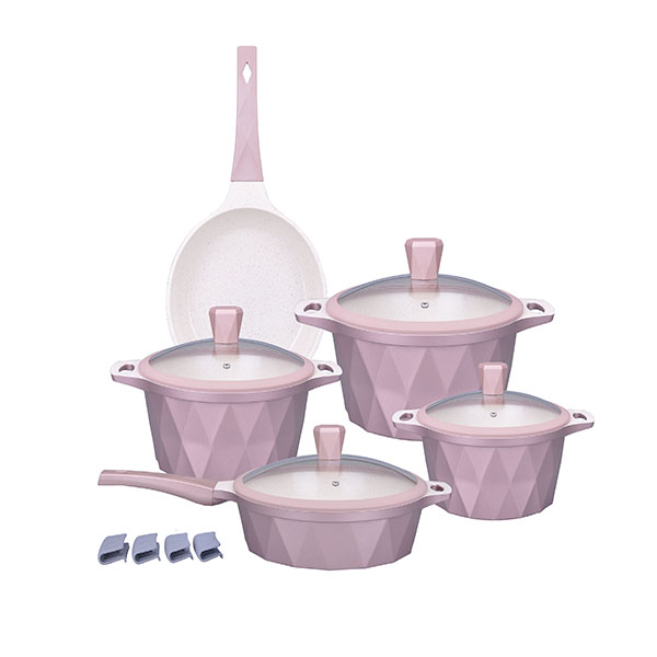 Batería de Cocina Set 9 pzas Mármol Antiadherente Serenity Rosa Oro