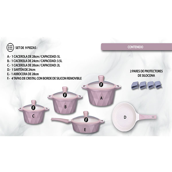 Batería de Cocina Set 9 pzas Mármol Antiadherente Serenity Rosa Oro