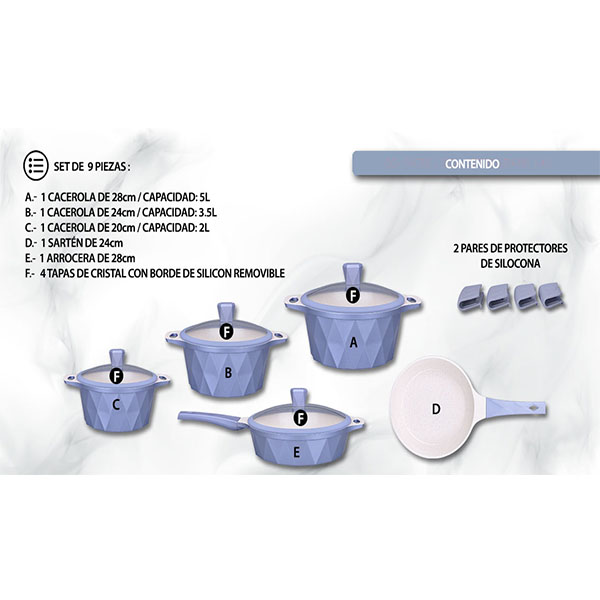 Batería de cocina Set 9 pzas Mármol Antiadherente Serenity Azul
