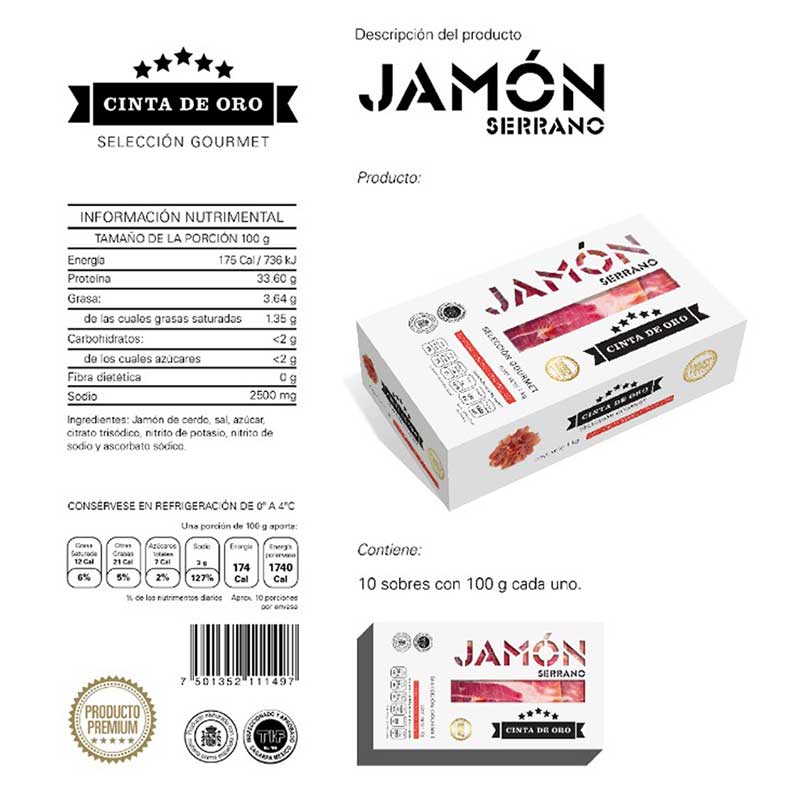 Jamón Serrano Cinta de Oro Premium rebanado 1 kg