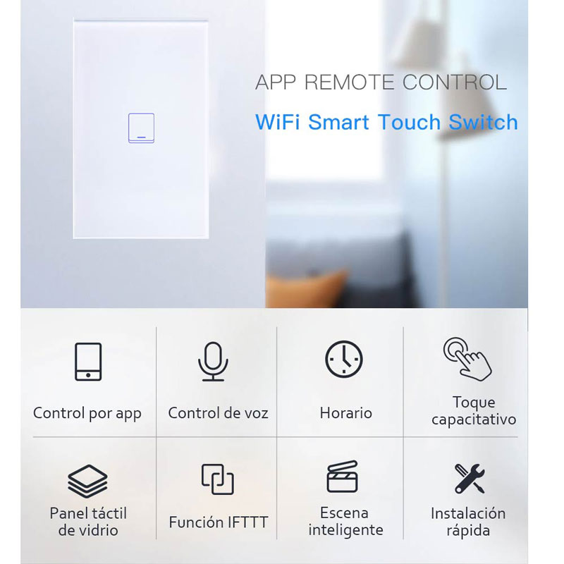 Interruptor inteligente Wifi Interruptor de Luz, 1 gang Smart Switch Iluminación LED Compatible con Alexa Google Home