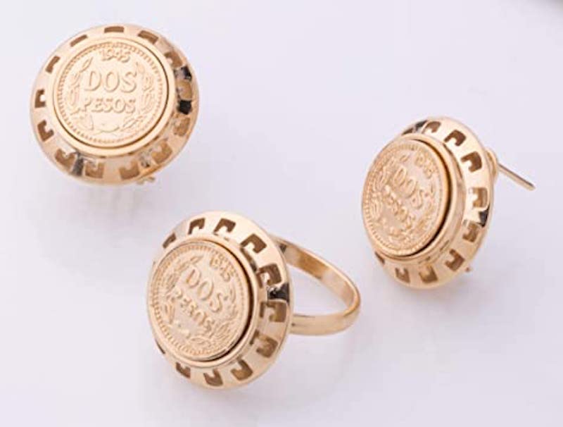 Juego de Joyas Redondo Mon, Juego de Aretes y Anillo Enchapado en Oro