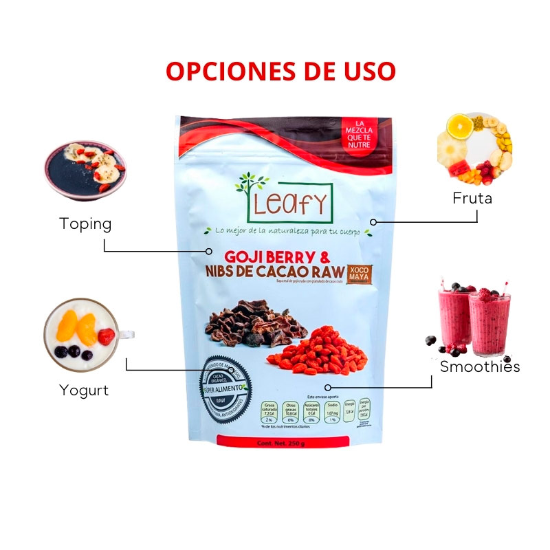 Leafy, Bayas de Goji Berries Con Nibs De Cacao Orgánico, 250 gramos