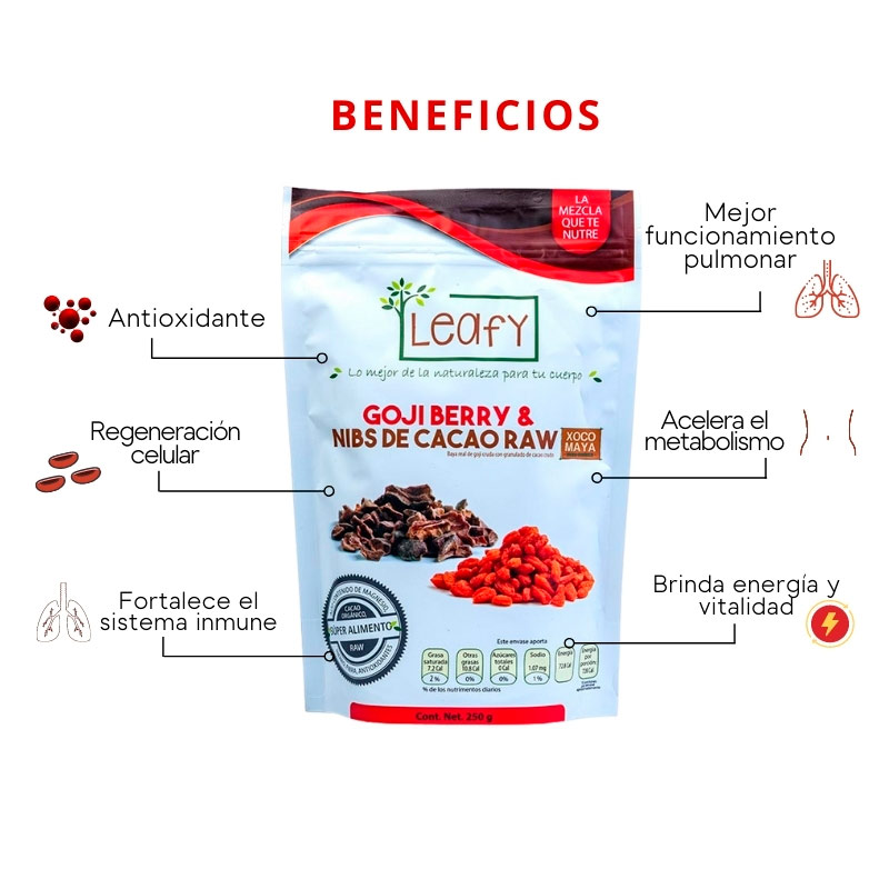 Leafy, Bayas de Goji Berries Con Nibs De Cacao Orgánico, 250 gramos