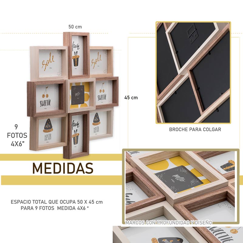 PORTA RETRATOS 9 MULTI MARCOS UNIDOS DE PARED MADERA COLLAGE HW066