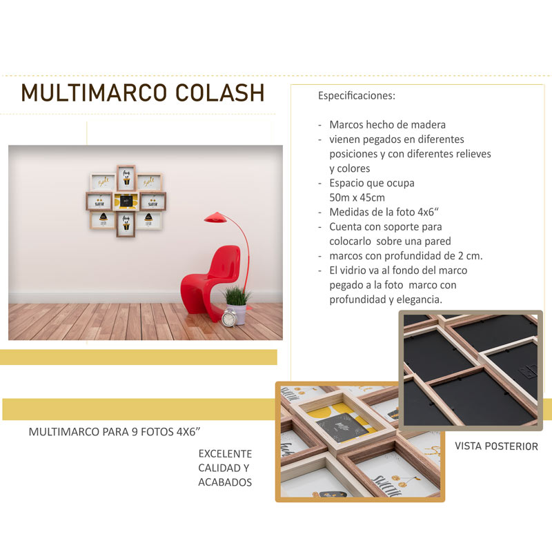 PORTA RETRATOS 9 MULTI MARCOS UNIDOS DE PARED MADERA COLLAGE HW066
