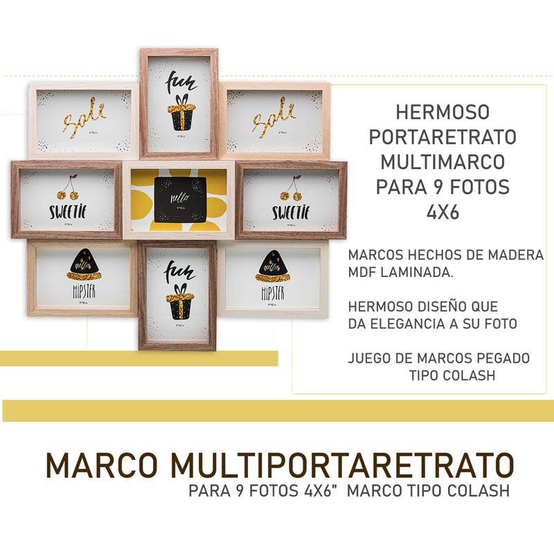 PORTA RETRATOS 9 MULTI MARCOS UNIDOS DE PARED MADERA COLLAGE HW066