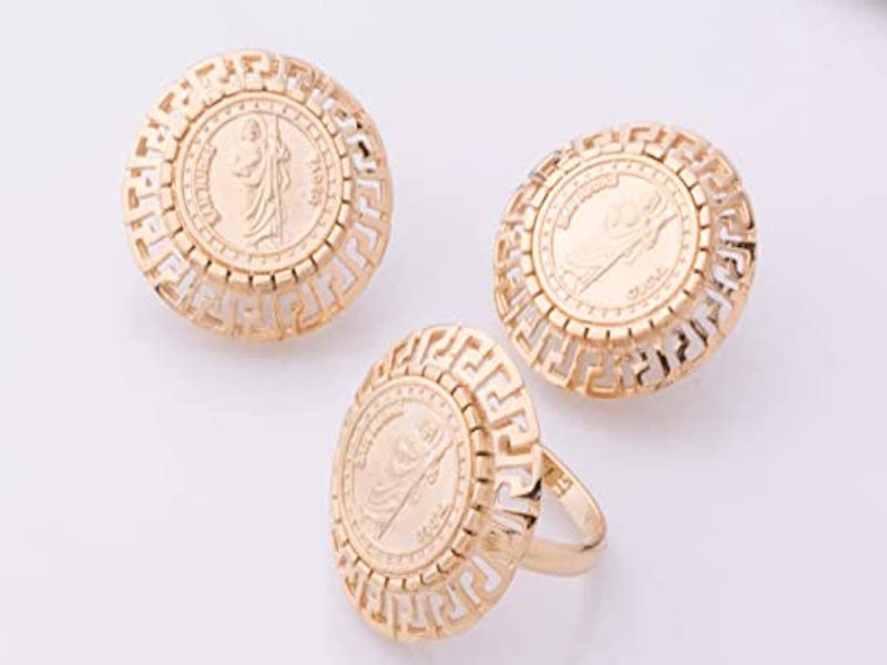 Juego de Joyas Greca Jud Redondo, Juego de Aretes y Anillo Enchapado en Oro de 18 Quilates, 18K, Regalo Ideal para Mamá/Novia/Esposa