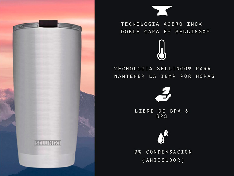 Termo Vaso Sellingo Acero Inoxidable Doble Capa 20 Oz Matte Plata Silver
