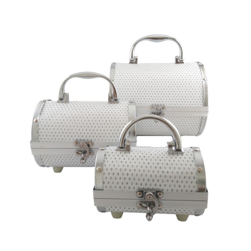 SET 3 Estuches Organizadores de Maquillaje, LBP, Metálico, Portátil, Diseño Cilindro, con Diamantes Acrílicos (Ch/Med/Gde) -Rojo