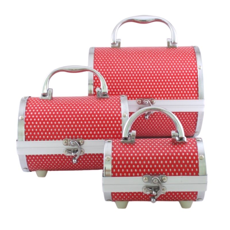 SET 3 Estuches Organizadores de Maquillaje, LBP, Metálico, Portátil, Diseño Cilindro, con Diamantes Acrílicos (Ch/Med/Gde) -Rojo