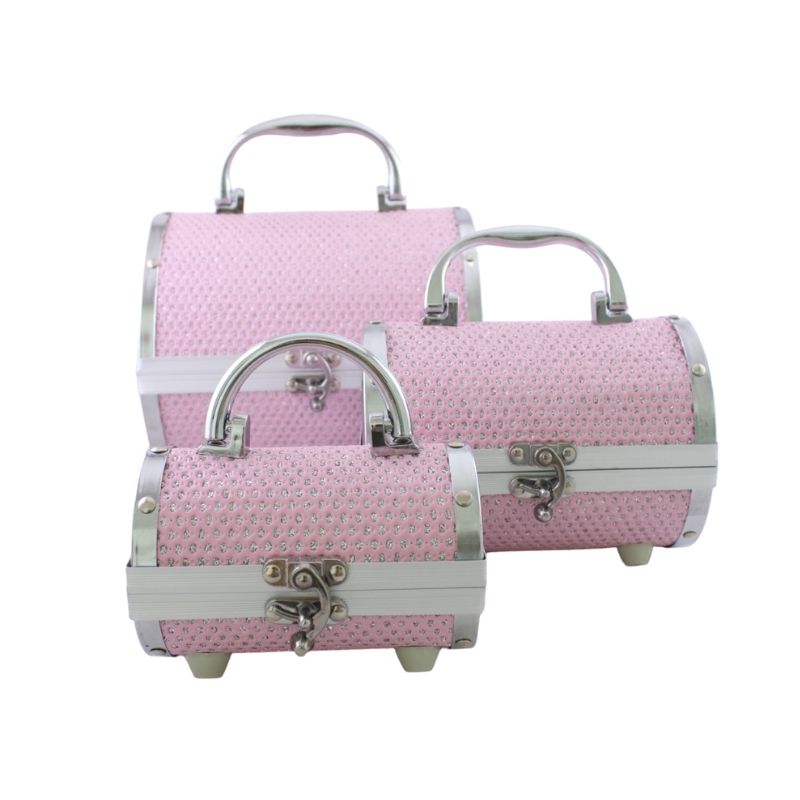 SET 3 Estuches Organizadores de Maquillaje, LBP, Metálico, Portátil, Diseño Cilindro, con Diamantes Acrílicos (Ch/Med/Gde) -Rojo