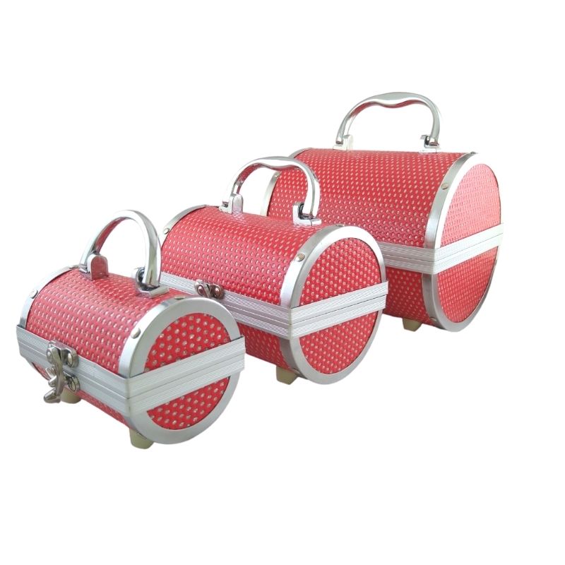 SET 3 Estuches Organizadores de Maquillaje, LBP, Metálico, Portátil, Diseño Cilindro, con Diamantes Acrílicos (Ch/Med/Gde) -Rojo