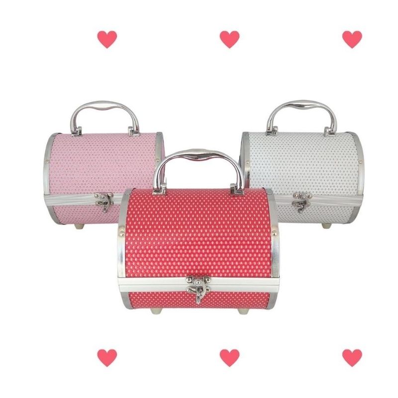 SET 3 Estuches Organizadores de Maquillaje, LBP, Metálico, Portátil, Diseño Cilindro, con Diamantes Acrílicos (Ch/Med/Gde) -Rojo