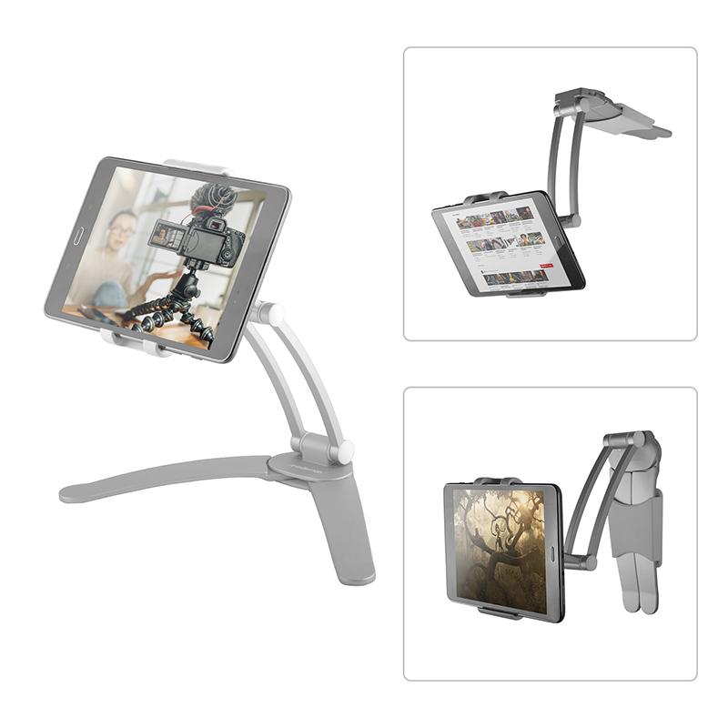 Redlemon Soporte para Tablet Metálico con Brazo Flexible y Plegable, Base Autoadherible para Escritorio, Cocina o Pared, Stand Multiángulo de 19 cm, Compatibilidad Universal