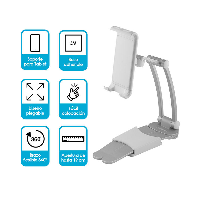 Redlemon Soporte para Tablet Metálico con Brazo Flexible y Plegable, Base Autoadherible para Escritorio, Cocina o Pared, Stand Multiángulo de 19 cm, Compatibilidad Universal