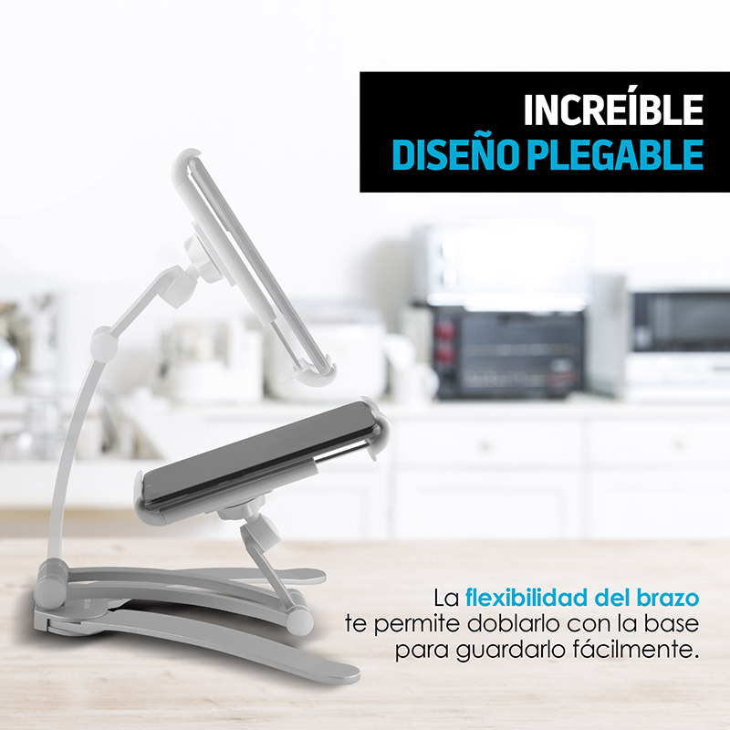 Redlemon Soporte para Tablet Metálico con Brazo Flexible y Plegable, Base Autoadherible para Escritorio, Cocina o Pared, Stand Multiángulo de 19 cm, Compatibilidad Universal