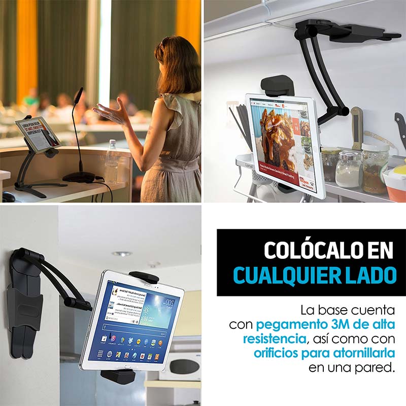 Redlemon Soporte para Tablet Metálico con Brazo Flexible y Plegable, Base Autoadherible para Escritorio, Cocina o Pared, Stand Multiángulo de 19 cm, Compatibilidad Universal