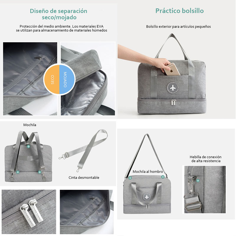 Bolsa de viaje con compartimento para zapatos, bolsa portátil compartimentos para ropa mojada