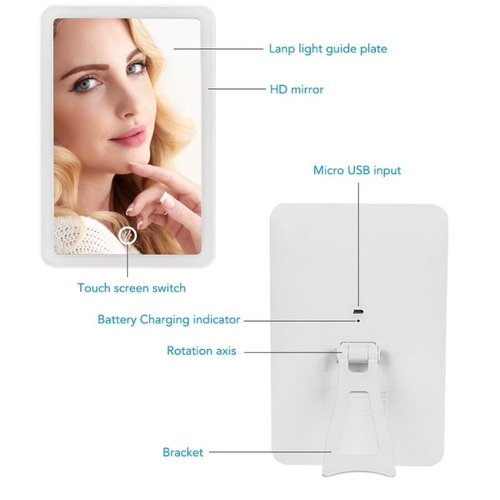 LBP Espejo de Tocador para Maquillaje, Rectangular, con Luz LED Regulable, Inclinación Ajustable, Cable USB Recargable. 20.5x13.5 cm. (8x 5.3in), Luz blanca, Inalámbrico -Blanco