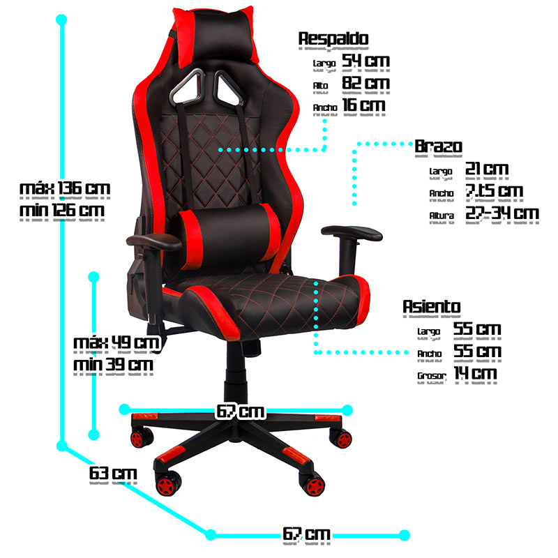 Silla Gamer Oficina Ergonomica Reclinable Cojines Desmontables Cuadriculada Roja Audiotek