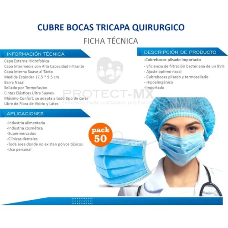 Cubrebocas Tricapa Termosellado Azul