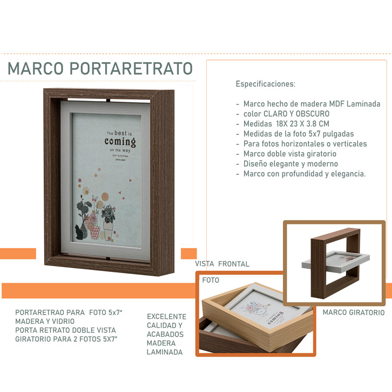 Portaretrato de madera doble vista 2 fotos, giratorio diseño moderno hw225 5x7