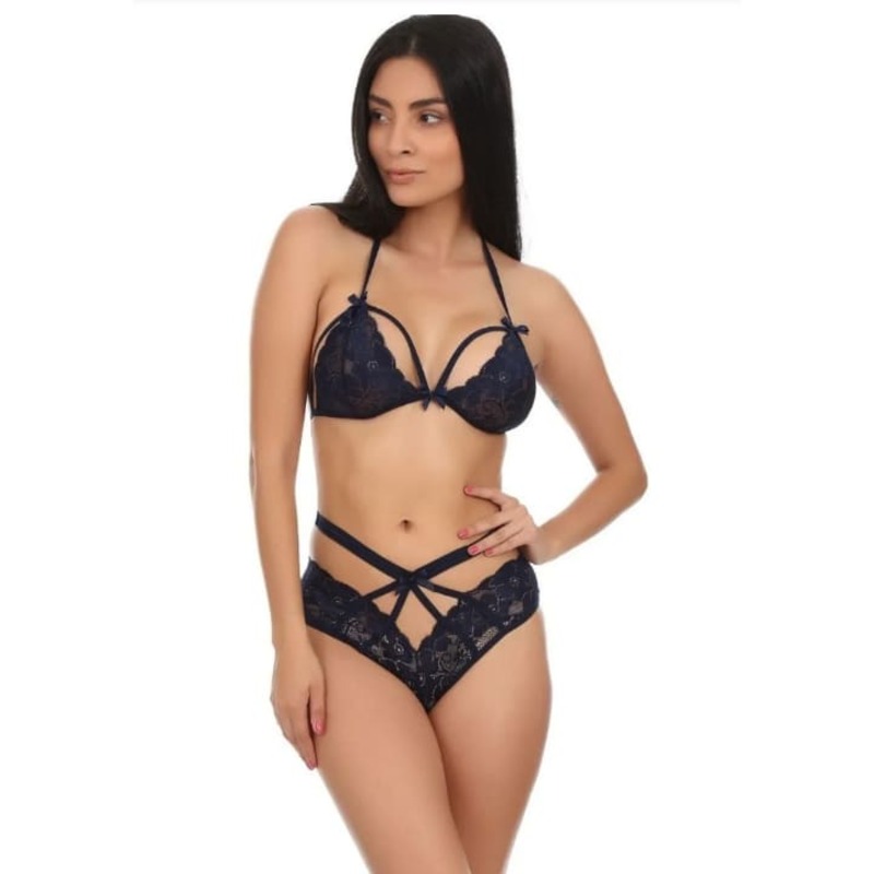 Coordinado De Encaje Bralette Brasier Halter Bustier Y Panty Set Colores Mod 883