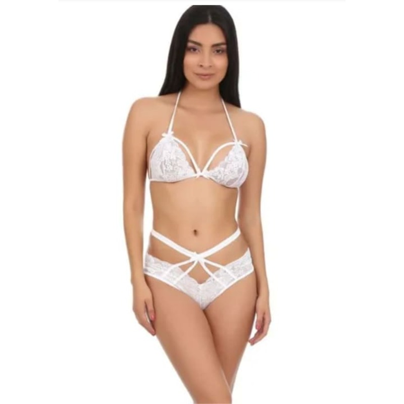 Coordinado De Encaje Bralette Brasier Halter Bustier Y Panty Set Colores Mod 883
