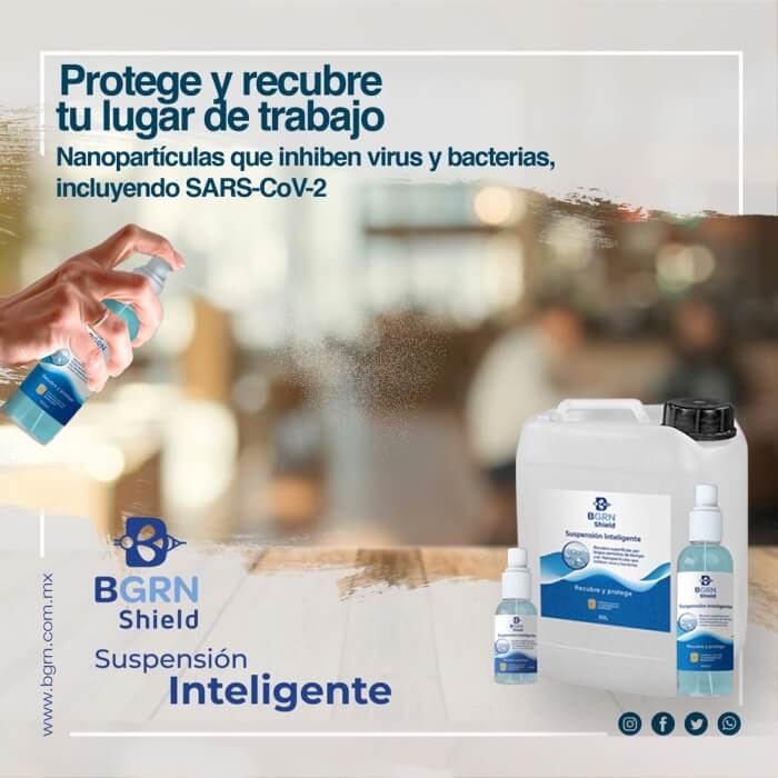 BGrn Shield, Suspensión Inteligente que inhibe el 99.9% de virus, bacterias y hongos y actúa por tiempo prolongado.