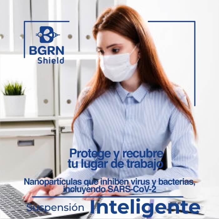 BGrn Shield, Suspensión Inteligente que inhibe el 99.9% de virus, bacterias y hongos y actúa por tiempo prolongado.