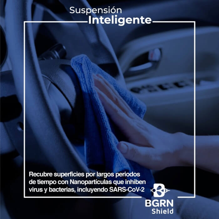 BGrn Shield, Suspensión Inteligente que inhibe el 99.9% de virus, bacterias y hongos y actúa por tiempo prolongado.
