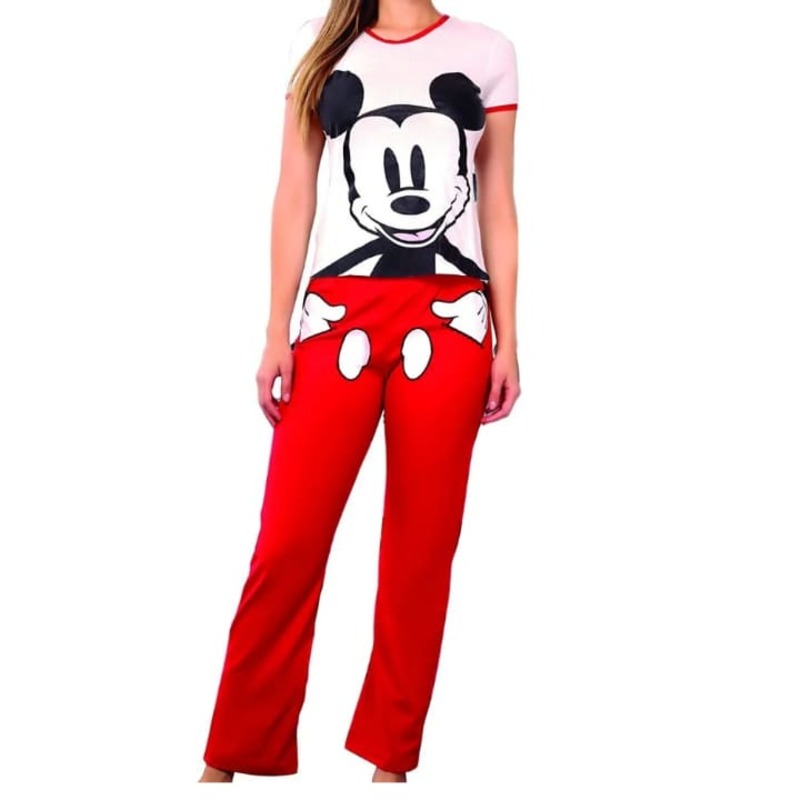 PIJAMA DAMA MICKEY MOUSE BLUSA BLANCA MANGA CORTA PANTALON ROJO CASUAL Y COMODO MOD 9255