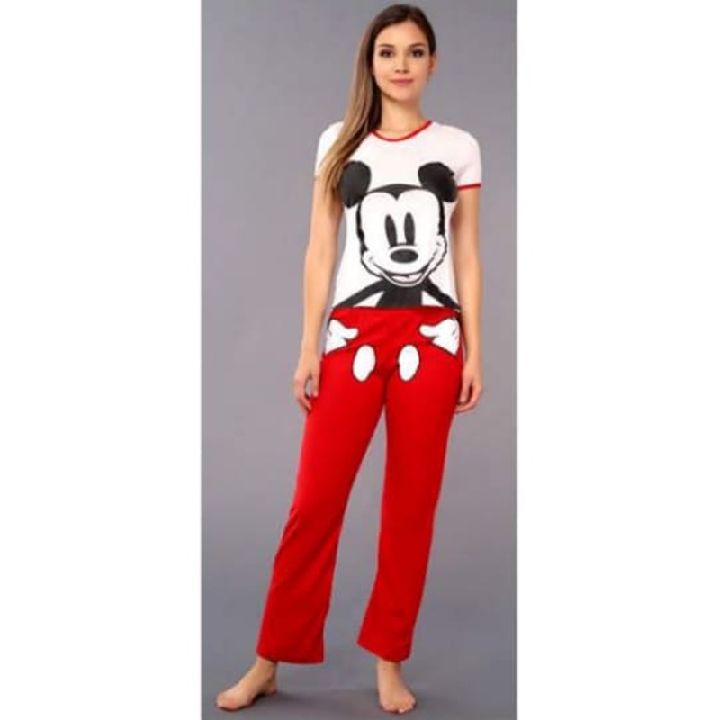 PIJAMA DAMA MICKEY MOUSE BLUSA BLANCA MANGA CORTA PANTALON ROJO CASUAL Y COMODO MOD 9255