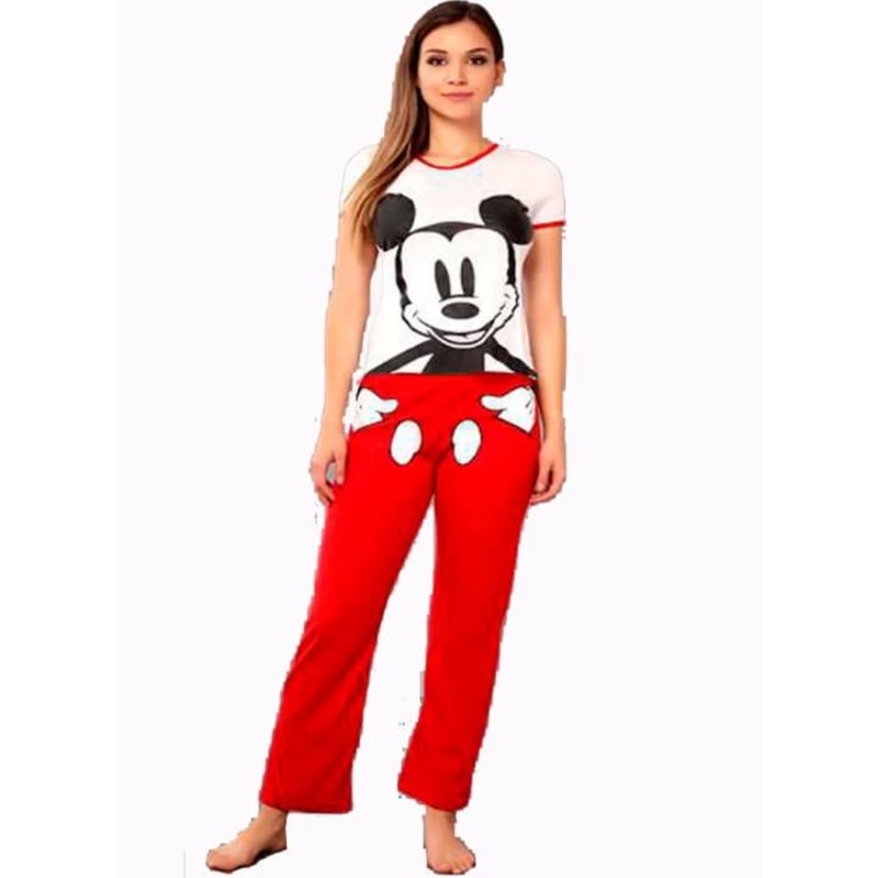 PIJAMA DAMA MICKEY MOUSE BLUSA BLANCA MANGA CORTA PANTALON ROJO CASUAL Y COMODO MOD 9255