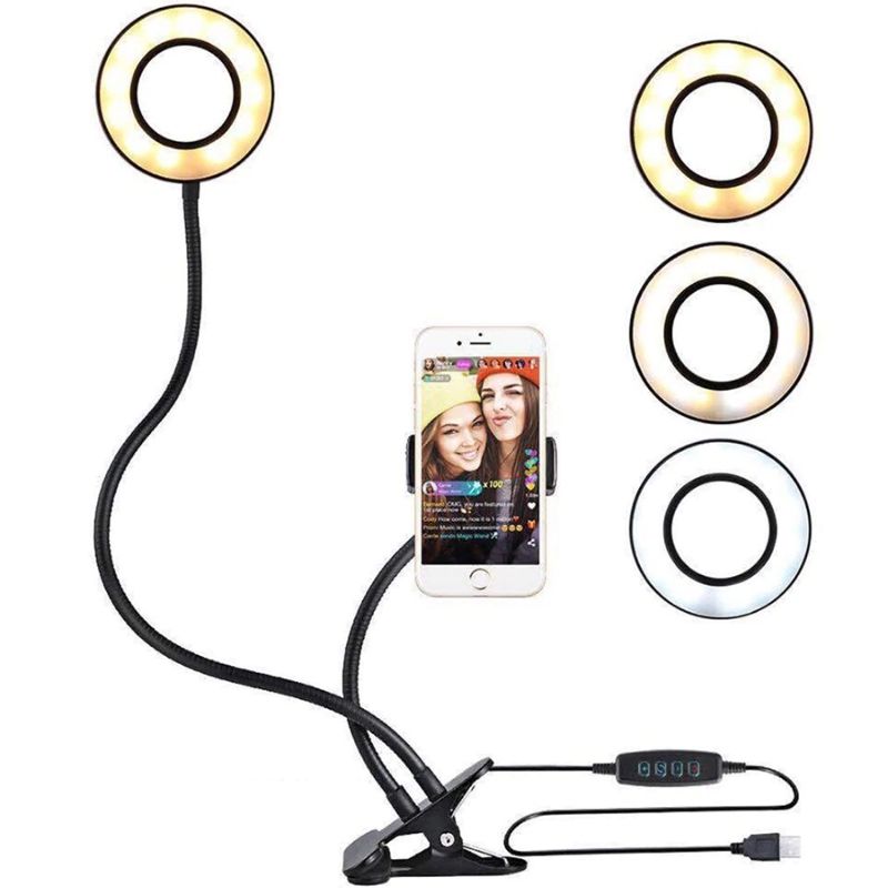 Lámpara 2en1 Anillo de Luz LED y Soporte para Teléfono, LBP, Cuello Flexible, Clip para Escritorio, 35 cm (13.7in) -Luz Regulable