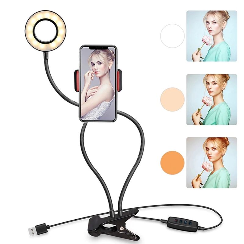 Lámpara 2en1 Anillo de Luz LED y Soporte para Teléfono, LBP, Cuello Flexible, Clip para Escritorio, 35 cm (13.7in) -Luz Regulable