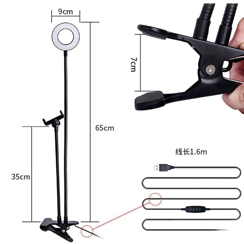 Lámpara 2en1 Anillo de Luz LED y Soporte para Teléfono, LBP, Cuello Flexible, Clip para Escritorio, 35 cm (13.7in) -Luz Regulable
