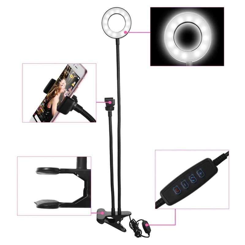 Lámpara 2en1 Anillo de Luz LED y Soporte para Teléfono, LBP, Cuello Flexible, Clip para Escritorio, 35 cm (13.7in) -Luz Regulable