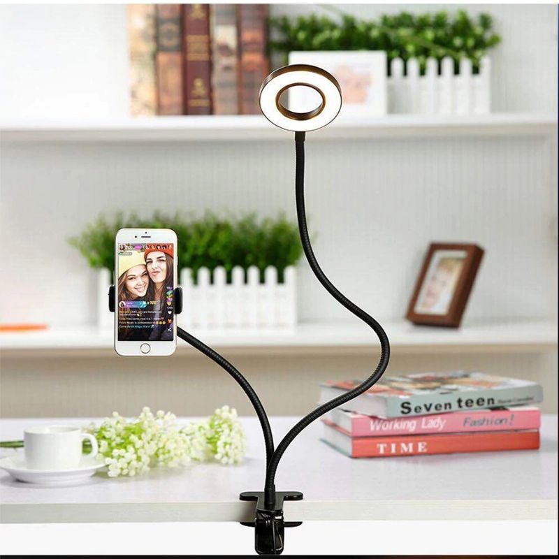 Lámpara 2en1 Anillo de Luz LED y Soporte para Teléfono, LBP, Cuello Flexible, Clip para Escritorio, 35 cm (13.7in) -Luz Regulable