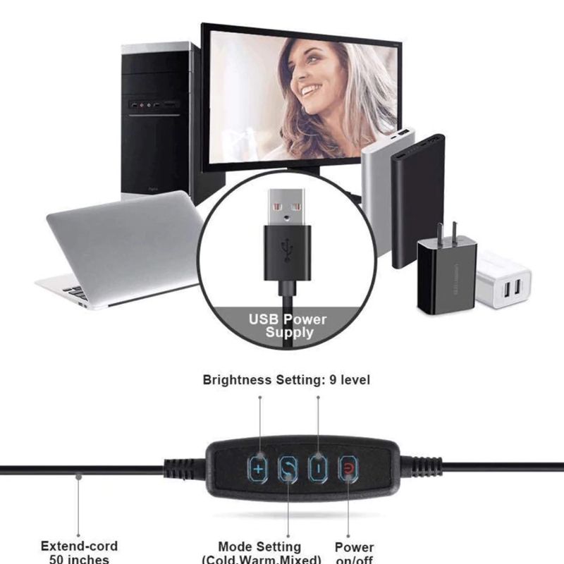 Lámpara 2en1 Anillo de Luz LED y Soporte para Teléfono, LBP, Cuello Flexible, Clip para Escritorio, 35 cm (13.7in) -Luz Regulable