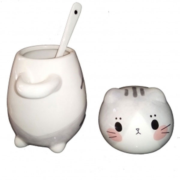 Taza Azucarera En Forma De Gato Con Cuchara Kawaii A