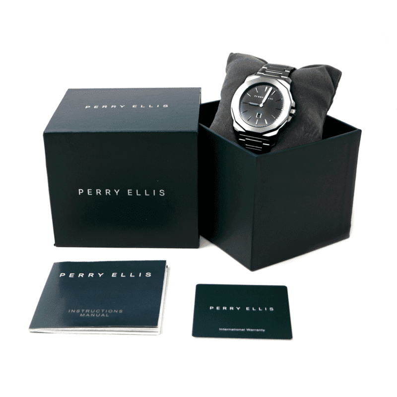 Reloj Perry Ellis Unisex Decagon Plata Con Negro De 42mm