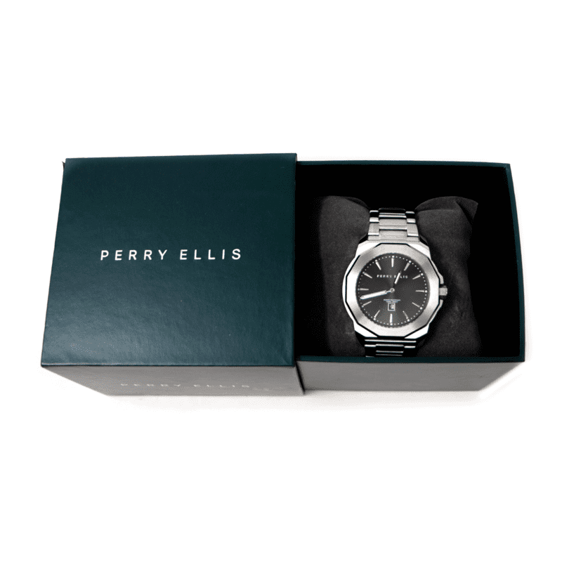 Reloj Perry Ellis Unisex Decagon Plata Con Negro De 42mm