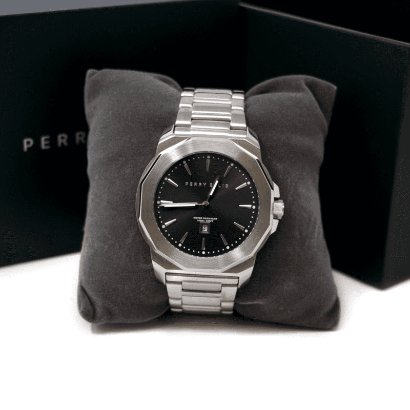 Reloj Perry Ellis Unisex Decagon Plata Con Negro De 42mm