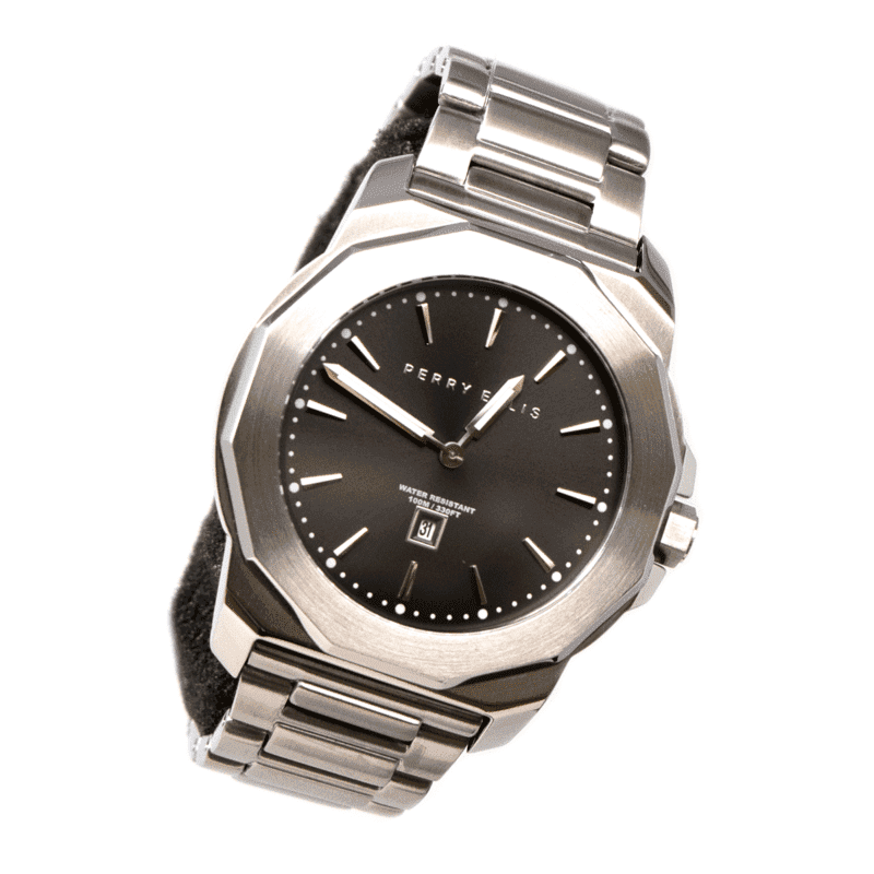 Reloj Perry Ellis Unisex Decagon Plata Con Negro De 42mm