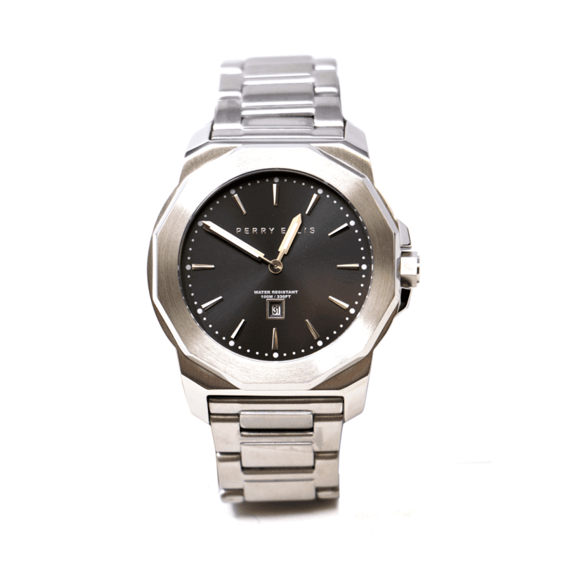 Reloj Perry Ellis Unisex Decagon Plata Con Negro De 42mm