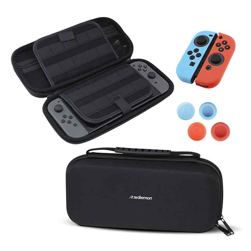 Redlemon Funda Para Nintendo Switch Con Accesorios 4 En 1: Estuche Con Espacio Para Complementos Y Cartuchos, Fundas De Silicón Para Joycon, Mica De Cristal Para Pantalla Y Protectores Para Thumbs